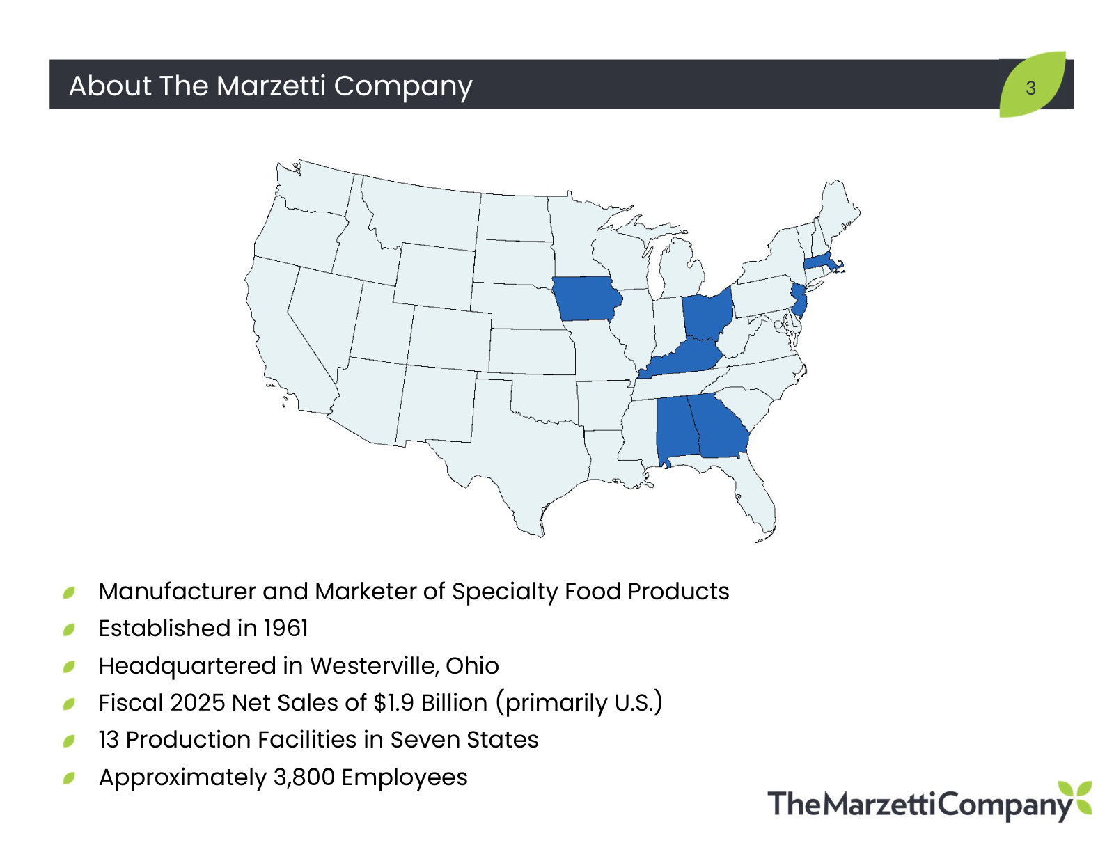 What the company is in one page: specialty food maker, $1.9bn FY25 sales, 13 plants in seven states, ~3,800 employees.
