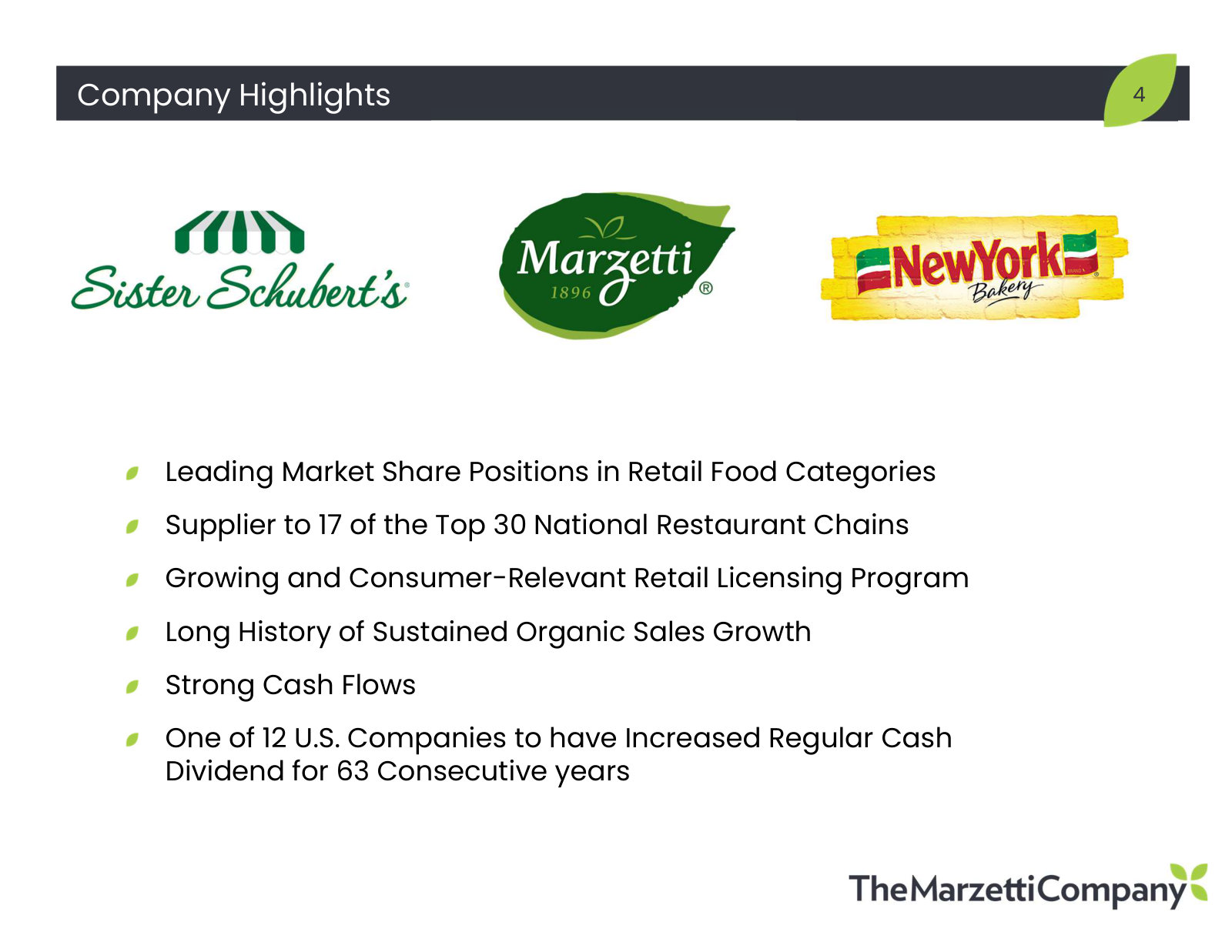 The framing management leads with: category share, 17 of the top 30 restaurant chains, 63 years of dividend increases.