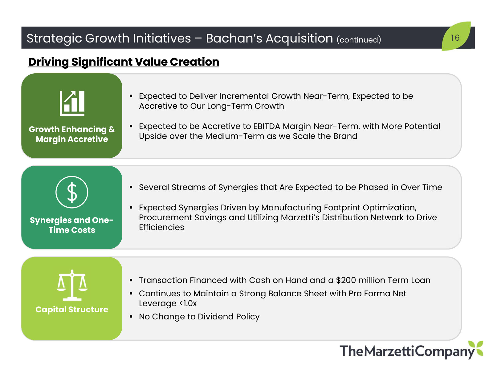 How the deal was paid for and what it should do — cash plus a $200m term loan, pro forma leverage under 1.0x, dividend unchanged.