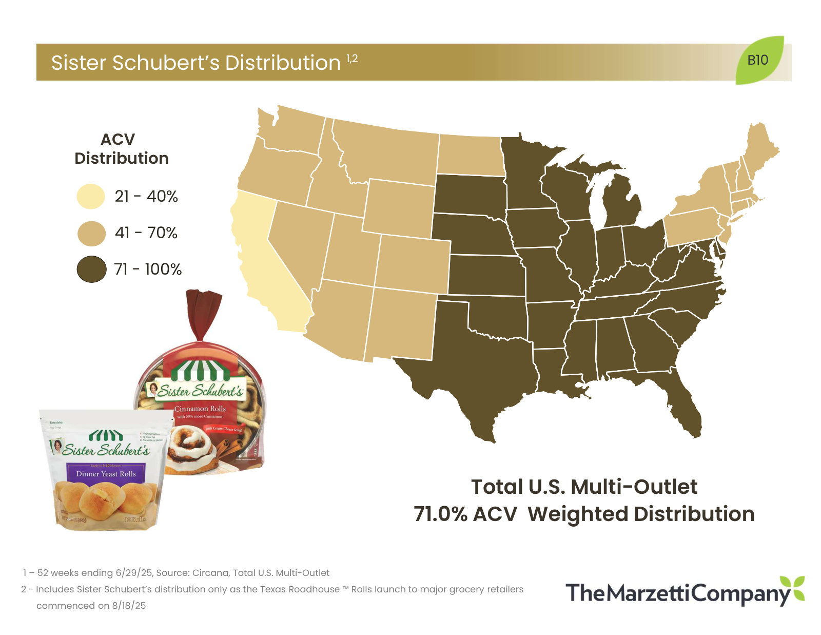 Distribution headroom made visible — Sister Schubert's at 71% national ACV with the West still thin; the deck repeats this map by brand.